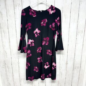 Tommy Hilfiger Dress Size 2‎ Women Floral Printed Jersey Bell Sleeve Mini Black